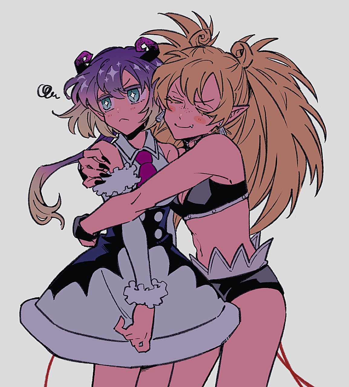 tochiko (spi), crocell keroli, mairimashita! iruma-kun, highres, 2girls, aqua eyes, bare shoulders, black shorts, blonde hair, blush, breasts, closed eyes, closed mouth, collared dress, colored eyelashes, cowboy shot, crop top, demon girl, demon horns, detached sleeves, diamond-shaped pupils, diamond (shape), dress, earrings, gradient hair, gyari (iruma-kun), horns, hug, jewelry, kuromu (iruma-kun), long hair, looking to the side, low ponytail, multicolored hair, multiple girls, nail polish, navel, necktie, pointy ears, ponytail, purple hair, purple necktie, short shorts, shorts, simple background, small breasts, smile, squiggle, stomach, symbol-shaped pupils, twintails, two-tone hair, underbust, white background, white dress, yuri