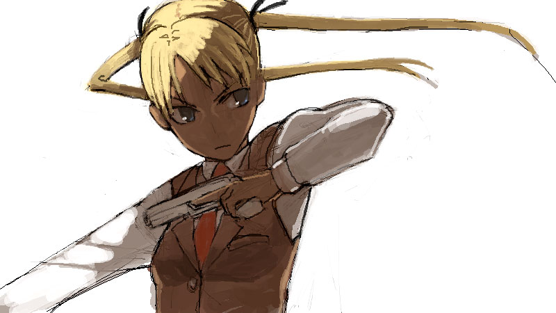 triela, gunslinger girl, 00s, 1girl, blonde hair, blue eyes, dark-skinned female, dark skin, female focus, gun, hair ornament, hair ribbon, handgun, long hair, necktie, pistol, ribbon, solo, twintails, upper body, vest, waistcoat, weapon