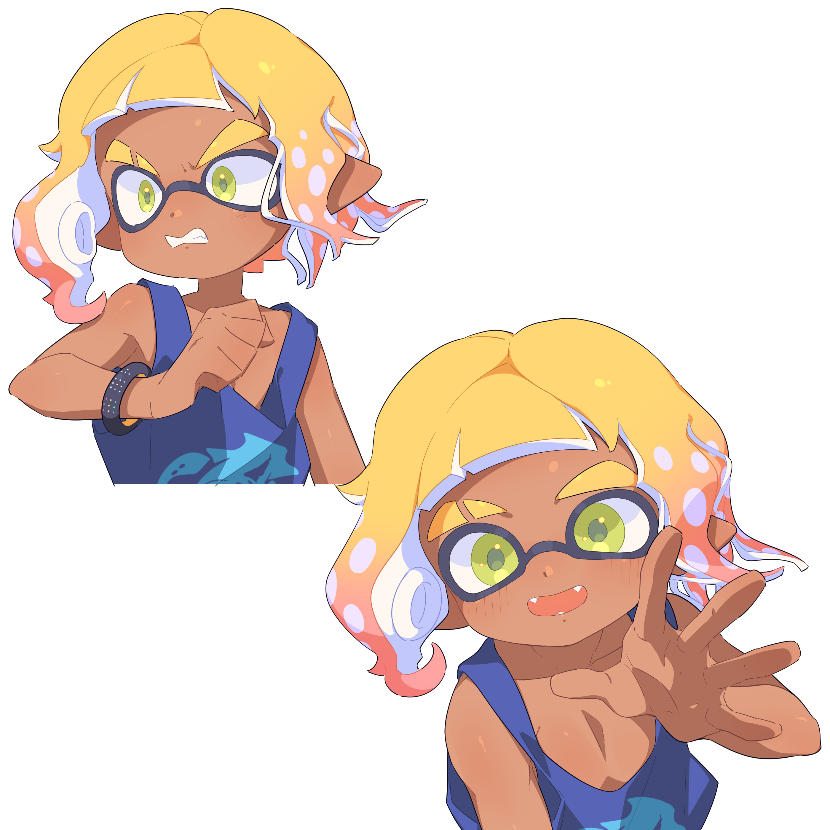 surume01417, inkling boy, inkling player character, nintendo, splatoon (series), absurdres, highres, 1boy, blonde hair, blue tank top, bracelet, clenched hand, clenched teeth, dark-skinned male, dark skin, eyebrow cut, fangs, gradient hair, green eyes, inkling, jewelry, looking at viewer, male focus, multicolored hair, multiple views, open hand, open mouth, pink hair, pointy ears, short hair, simple background, smile, tank top, teeth, tentacle hair, thick eyebrows, white background