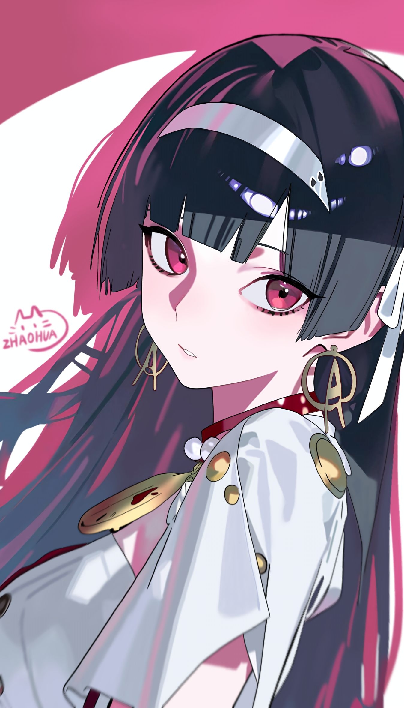 zhaohua, astra yao, zenless zone zero, highres, 1girl, black hair, blunt sidelocks, breasts, dress, earrings, hairband, jewelry, large breasts, long hair, looking at viewer, red eyes, sidelocks, solo, uneven bangs, white hairband