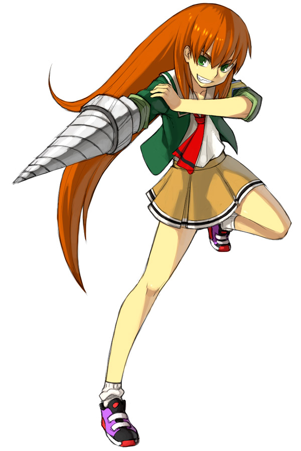 yu 65026, akai homura, original, tokimeki memorial, tokimeki memorial 2, 1girl, dress, drill, female focus, full body, green shirt, orange skirt, school uniform, serafuku, shirt, simple background, skirt, sleeves rolled up, solo, white background