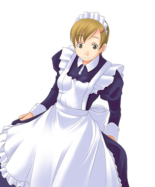 toshifumi, hasekura rei, maria-sama ga miteru, looking away, 00s, 1girl, apron, bow, breasts, brown eyes, brown hair, buttons, closed mouth, cowboy shot, dress, female focus, from above, hair ornament, hairclip, juliet sleeves, long sleeves, maid, maid headdress, maria sama, puffy sleeves, purple dress, short hair, simple background, small breasts, solo, standing, swept bangs, tareme, white apron, white background, white bow, wing collar