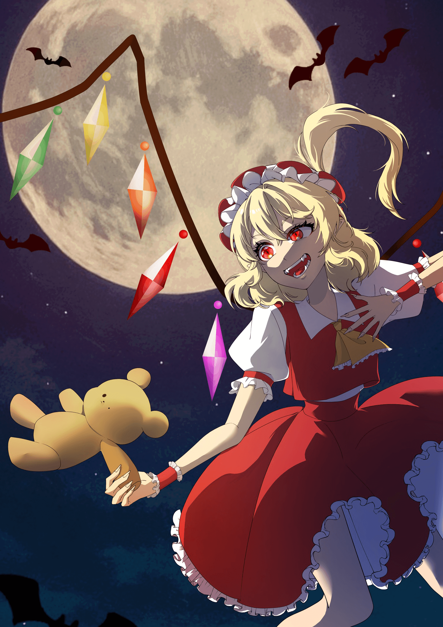 flandre scarlet, touhou, highres, second-party source, 1girl, ascot, blonde hair, cowboy shot, crystal, full moon, hat, mob cap, moon, night, night sky, one side up, open mouth, puffy short sleeves, puffy sleeves, red eyes, short hair, short sleeves, side ponytail, skirt, sky, smile, solo, stuffed animal, stuffed toy, teddy bear, touhou project exhibition: harajuku gensoukyou 2025 official, wings, wrist cuffs, yellow ascot