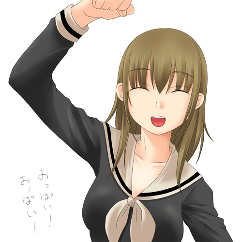 toshifumi, satou sei, maria-sama ga miteru, light brown hair, lowres, 00s, 1girl, :d, ^ ^, ascot, blonde hair, clenched hand, closed eyes, female focus, long sleeves, maria sama, open mouth, raised fist, sato sei, school uniform, serafuku, simple background, smile, solo, upper body, white background