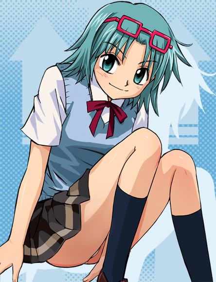 haruyama kazunori, aqua eyes, aqua hair, bow, glasses, legs, panties, pantyshot, ribbon, school uniform, serafuku, short hair, smile, socks, underwear, upskirt