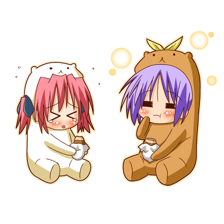 minami (colorful palette), bear tsukasa, bear yutaka, capybara-san, hiiragi tsukasa, kobayakawa yutaka, lucky star, lowres, > <, 00s, 2girls, = =, animal costume, bear costume, blush, chibi, closed eyes, eating, food, multiple girls, puffy cheeks, purple hair, red hair, roasted sweet potato, short hair, simple background, sitting, sweet potato, tears, tongue