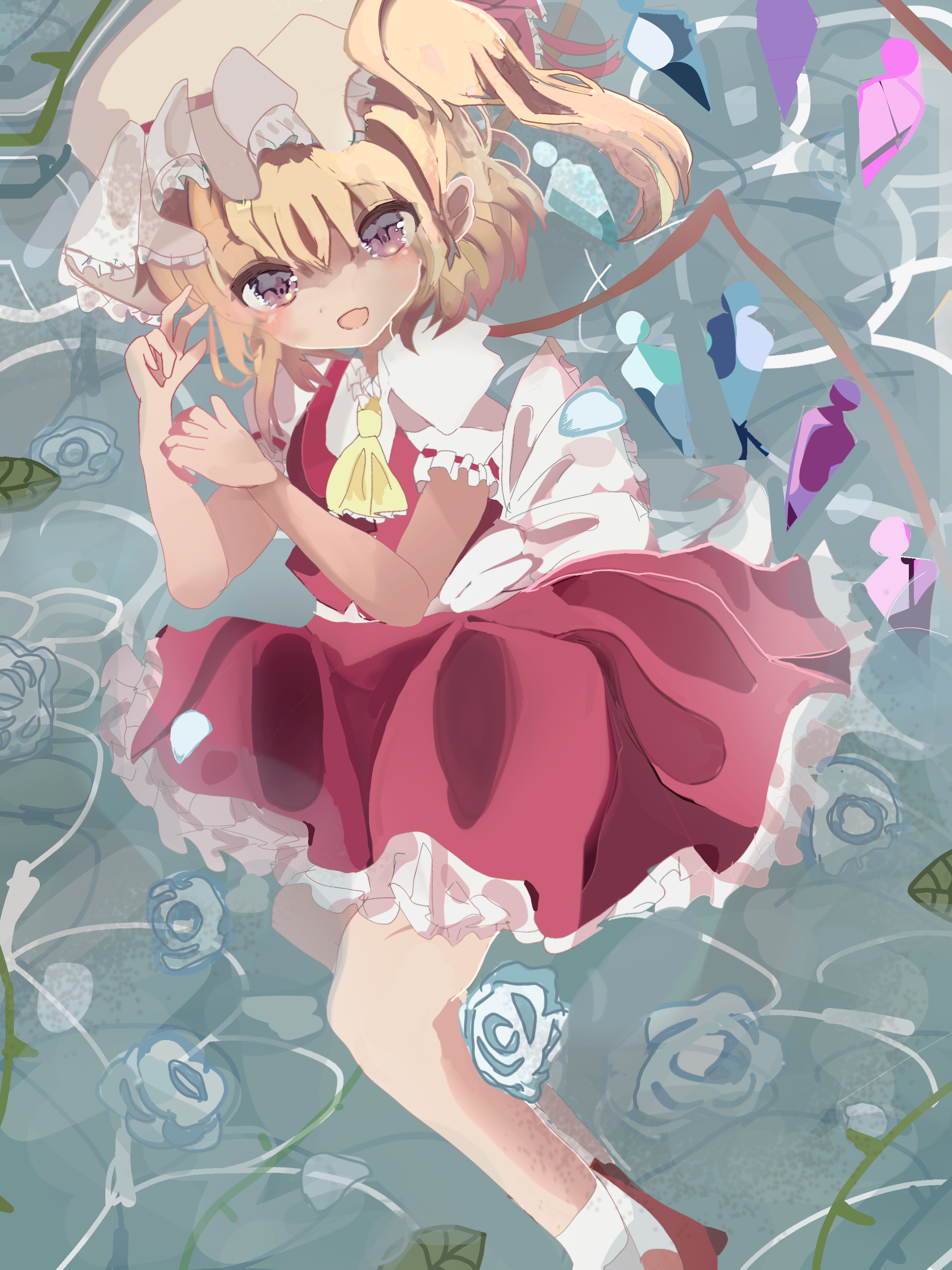 user pdpu3554, flandre scarlet, touhou, absurdres, highres, 1girl, ascot, blonde hair, blue flower, blue rose, crystal, crystal wings, flower, full body, hat, hat ribbon, looking at viewer, mob cap, open mouth, puffy sleeves, red eyes, red skirt, ribbon, rose, short hair, short sleeves, side ponytail, skirt, skirt set, smile, socks, solo, water, wings, yellow ascot