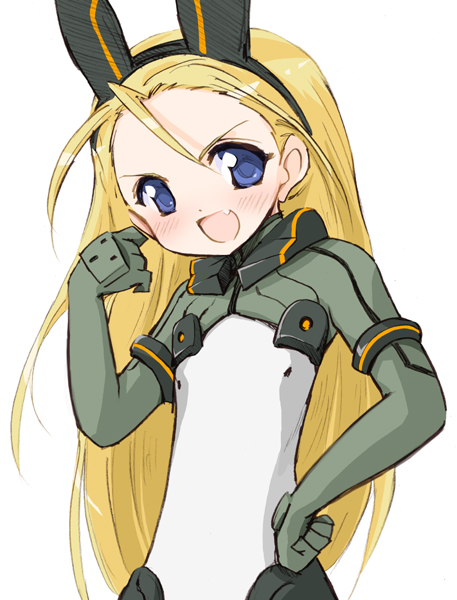 elise von dietrich, sky girls, 00s, animal ears, blonde hair, blue eyes, blush, fang, long hair, motionslit, smile