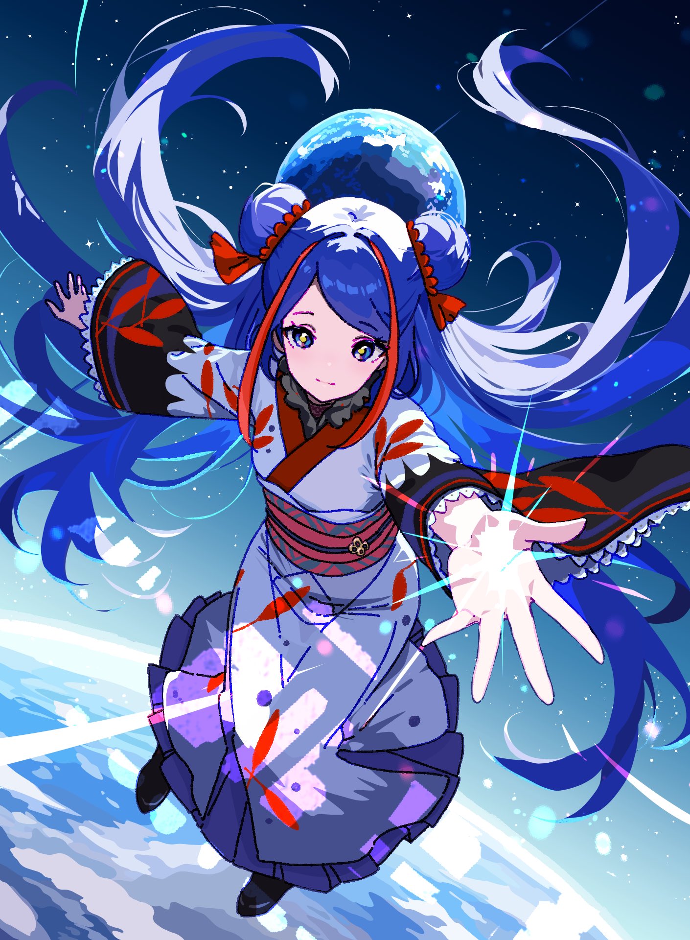 kico (illmaticblue), kakyoin (girls revolution project), girls revolution project, kamitsubaki studio, commentary request, highres, 1girl, black shoes, blue eyes, blush, closed mouth, double bun, earth (planet), full body, hair bun, japanese clothes, kimono, long hair, long sleeves, looking at viewer, obi, outdoors, outstretched arm, planet, purple hair, sash, shoes, smile, solo, space, white kimono, wide sleeves