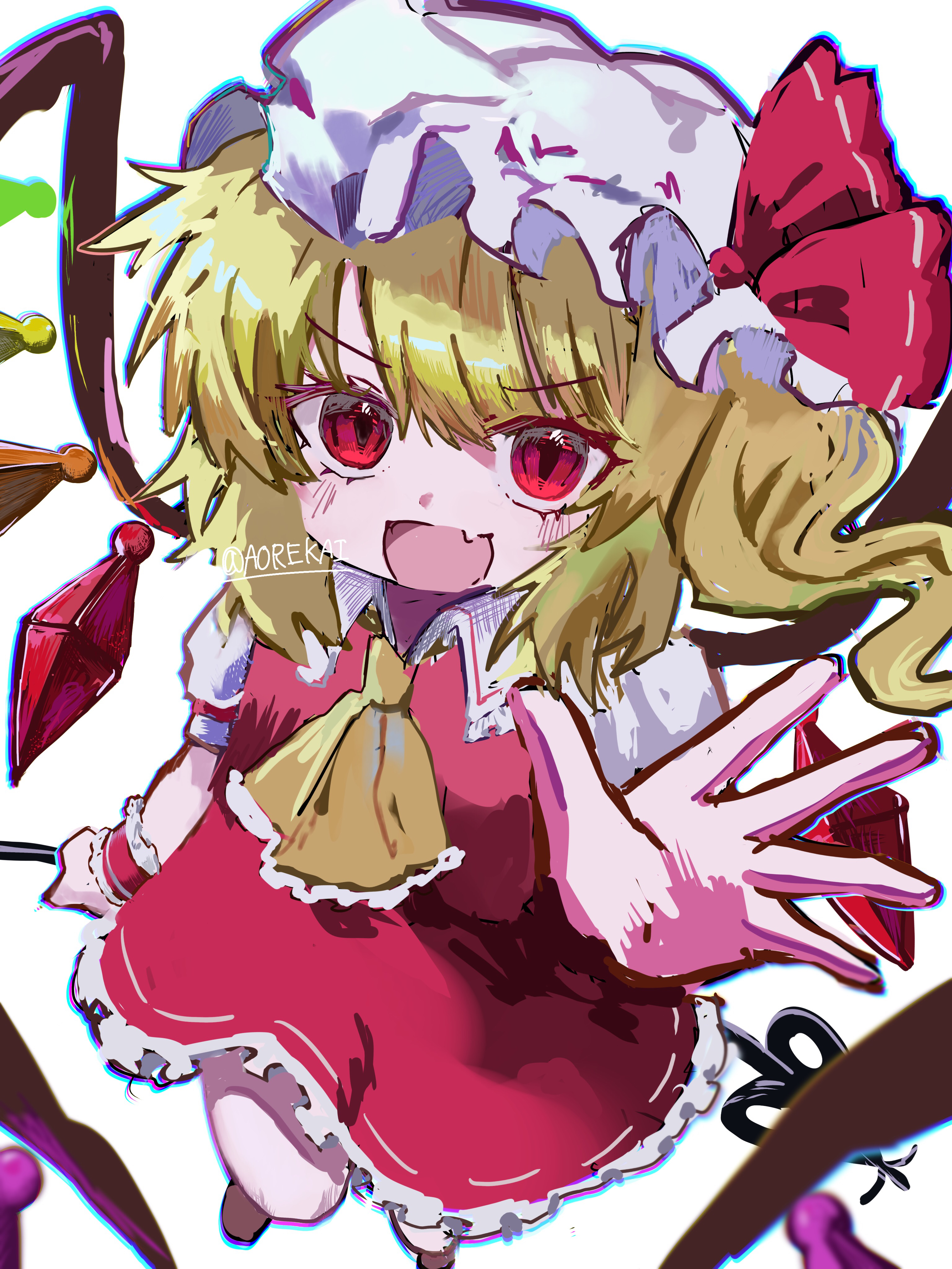 flandre scarlet, touhou, absurdres, highres, 1girl, aorekai, ascot, blonde hair, crystal wings, fang, from above, full body, hat, hat ribbon, looking at viewer, mob cap, open mouth, puffy short sleeves, puffy sleeves, reaching, reaching towards viewer, red eyes, red ribbon, red shirt, red skirt, ribbon, shirt, short sleeves, side ponytail, skin fang, skirt, solo, white background, wings, yellow ascot