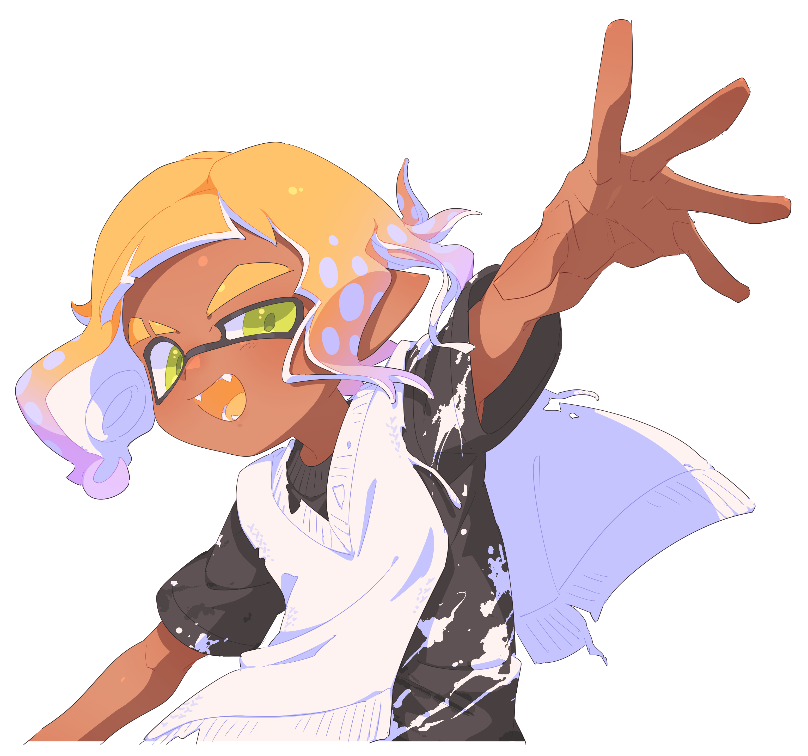 surume01417, inkling boy, inkling player character, nintendo, splatoon (series), absurdres, highres, 1boy, :d, black shirt, blonde hair, colored tongue, dark-skinned male, dark skin, eyebrow cut, fangs, gradient hair, green eyes, inkling, male focus, multicolored hair, open mouth, outstretched arm, pink hair, pointy ears, print shirt, shirt, short hair, short sleeves, simple background, smile, solo, splatter print, sweater vest, tentacle hair, thick eyebrows, torn clothes, torn sweater vest, white background, white sweater vest, yellow tongue
