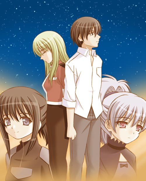 shiumai, amber (darker than black), hei (darker than black), yin (darker than black), darker than black, silver hair, 00s, 1boy, 3girls, bai (darker than black), black bodysuit, black eyes, black hair, bodysuit, closed eyes, green hair, multiple girls, night, purple eyes, shirt, sky, smile, star (symbol), white shirt
