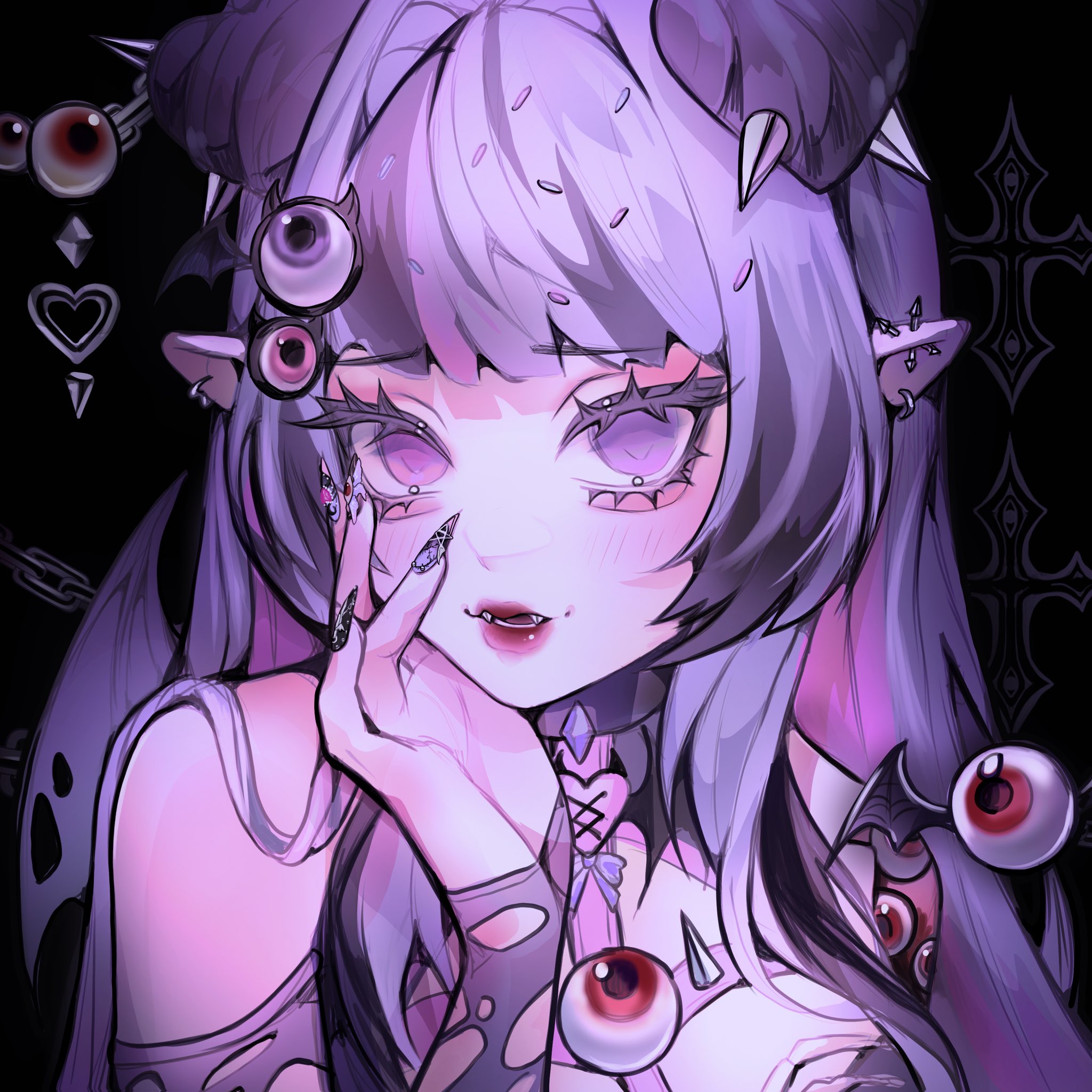 killaira, indie virtual youtuber, commentary, highres, second-party source, 1girl, bare shoulders, black background, black nails, black streaks, blush, breasts, double bun, ear piercing, fangs, fingernails, hair bun, hair sprinkles, heart hair bun, lipstick, long fingernails, long hair, looking at viewer, makeup, multicolored hair, multicolored nails, nail polish, parted lips, piercing, pointy ears, purple eyes, purple hair, purple nails, red lips, solo, spikes, sprinkle hershy, sprinkles, streaked hair, swept bangs, upper body, virtual youtuber