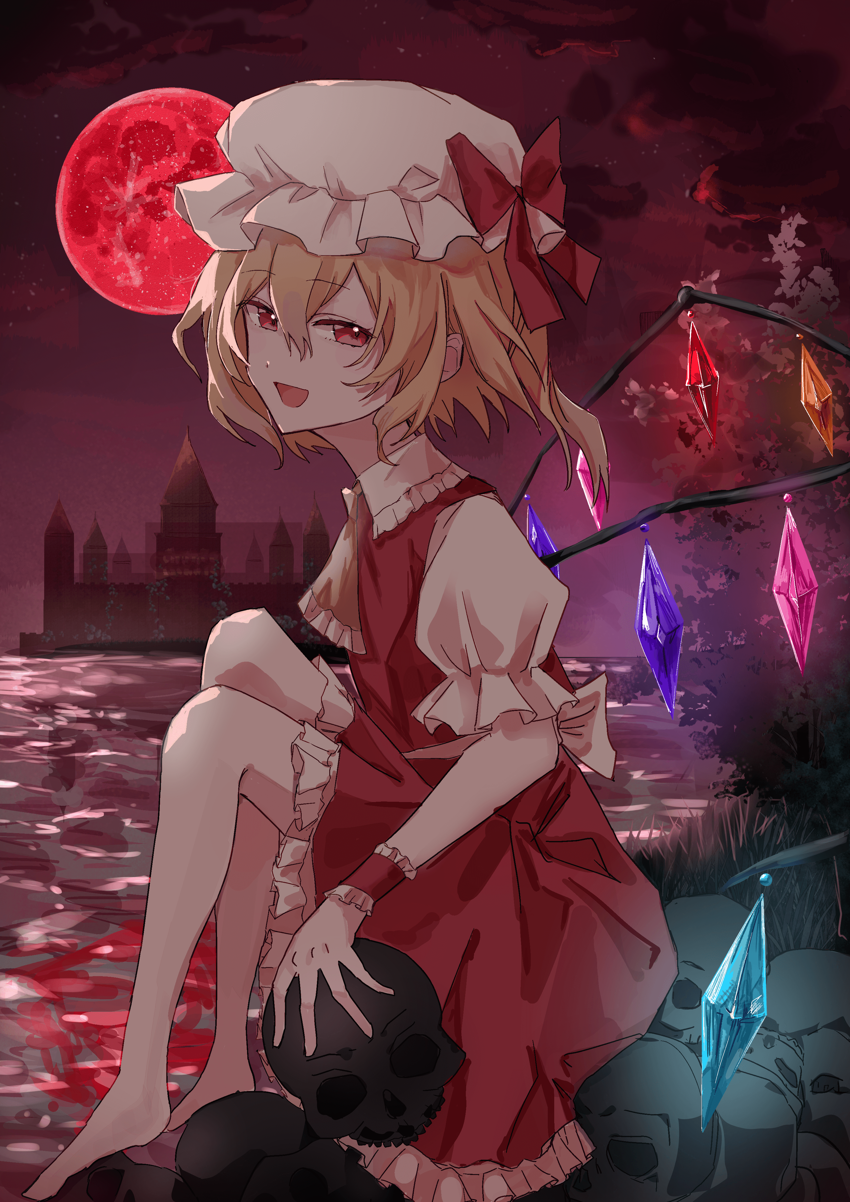 flandre scarlet, touhou, absurdres, highres, second-party source, 1girl, ascot, barefoot, blonde hair, crystal, crystal wings, full moon, hat, looking at viewer, mob cap, moon, night, open mouth, puffy short sleeves, puffy sleeves, red eyes, red moon, red vest, shirt, short sleeves, sitting, skirt, smile, solo, touhou project exhibition: harajuku gensoukyou 2025 official, vest, wings, yellow ascot