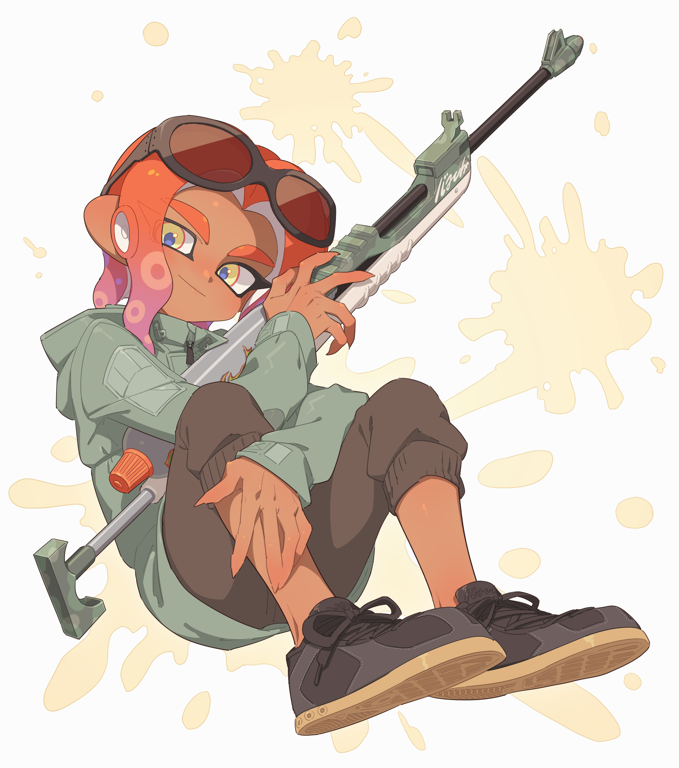 surume01417, octoling boy, octoling player character, nintendo, splatoon (series), absurdres, highres, 1boy, black-framed eyewear, black shoes, blue pupils, brown pants, capri pants, closed mouth, dark-skinned male, dark skin, eyewear on head, fingernails, full body, gradient hair, green jacket, holding, holding weapon, jacket, long sleeves, looking at viewer, male focus, medium hair, multicolored eyes, multicolored hair, octoling, orange eyes, orange hair, pants, parted bangs, purple hair, sharp fingernails, shoes, smile, solo, splat charger (splatoon), sunglasses, thick eyebrows, two-tone eyes, weapon, yellow eyes