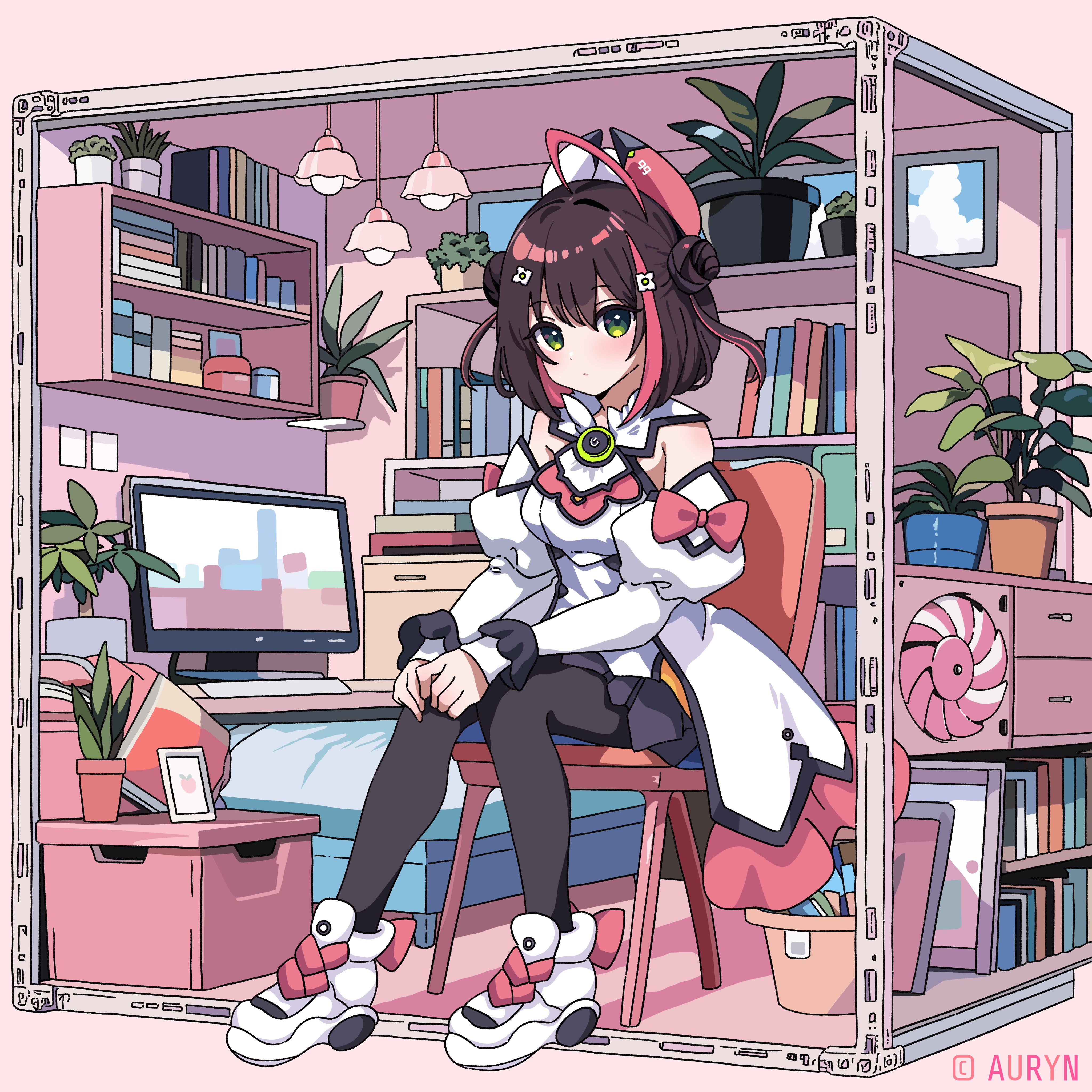 kico (illmaticblue), original, absurdres, commentary request, highres, 1girl, ahoge, black pantyhose, black skirt, blush, book, bookshelf, bow, brown hair, chair, closed mouth, detached sleeves, double bun, full body, green eyes, hair bun, juliet sleeves, long sleeves, looking at viewer, miniskirt, monitor, multicolored hair, pantyhose, plant, pleated skirt, potted plant, puffy sleeves, red bow, red hair, shirt, short hair, sitting, skirt, sleeve bow, sleeveless, sleeveless shirt, socks, solo, two-tone hair, white shirt, white sleeves, white socks