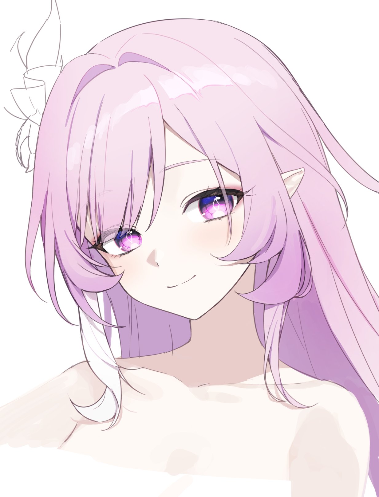 maru (gobigreens), cyrene (honkai: star rail), honkai: star rail, honkai (series), hashtag-only commentary, highres, 1girl, diamond-shaped pupils, diamond (shape), hair ornament, long hair, looking at viewer, multicolored hair, nude, pink hair, pointy ears, purple eyes, simple background, smile, solo, symbol-shaped pupils, two-tone hair, upper body, very long hair, white background, white hair