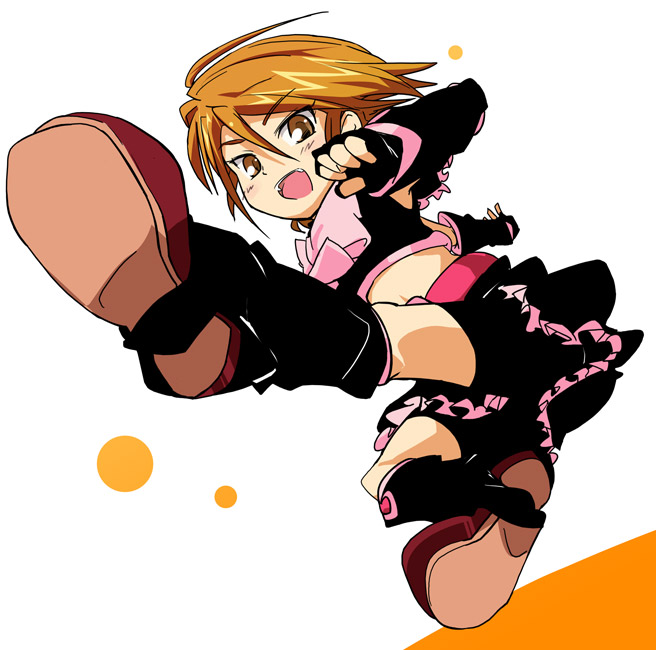 ixy, cure black, misumi nagisa, futari wa precure, precure, 00s, 1girl, black boots, boots, female focus, high kick, kicking, magical girl, orange eyes, orange hair, solo