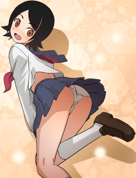 haruyama kazunori, hitou nami, sayonara zetsubou sensei, 00s, 1girl, :d, ass, back, black hair, blush, brown eyes, crop top, female focus, kneehighs, kneepits, leaning forward, leg lift, legs, light particles, loafers, looking at viewer, looking back, miniskirt, necktie, no nose, open mouth, orange eyes, panties, pantyshot, parted bangs, pleated skirt, profile, school uniform, serafuku, shadow, shirt, shoes, short hair, skirt, smile, socks, solo, spiked hair, standing, standing on one leg, thighs, underwear, upskirt, white panties, white socks