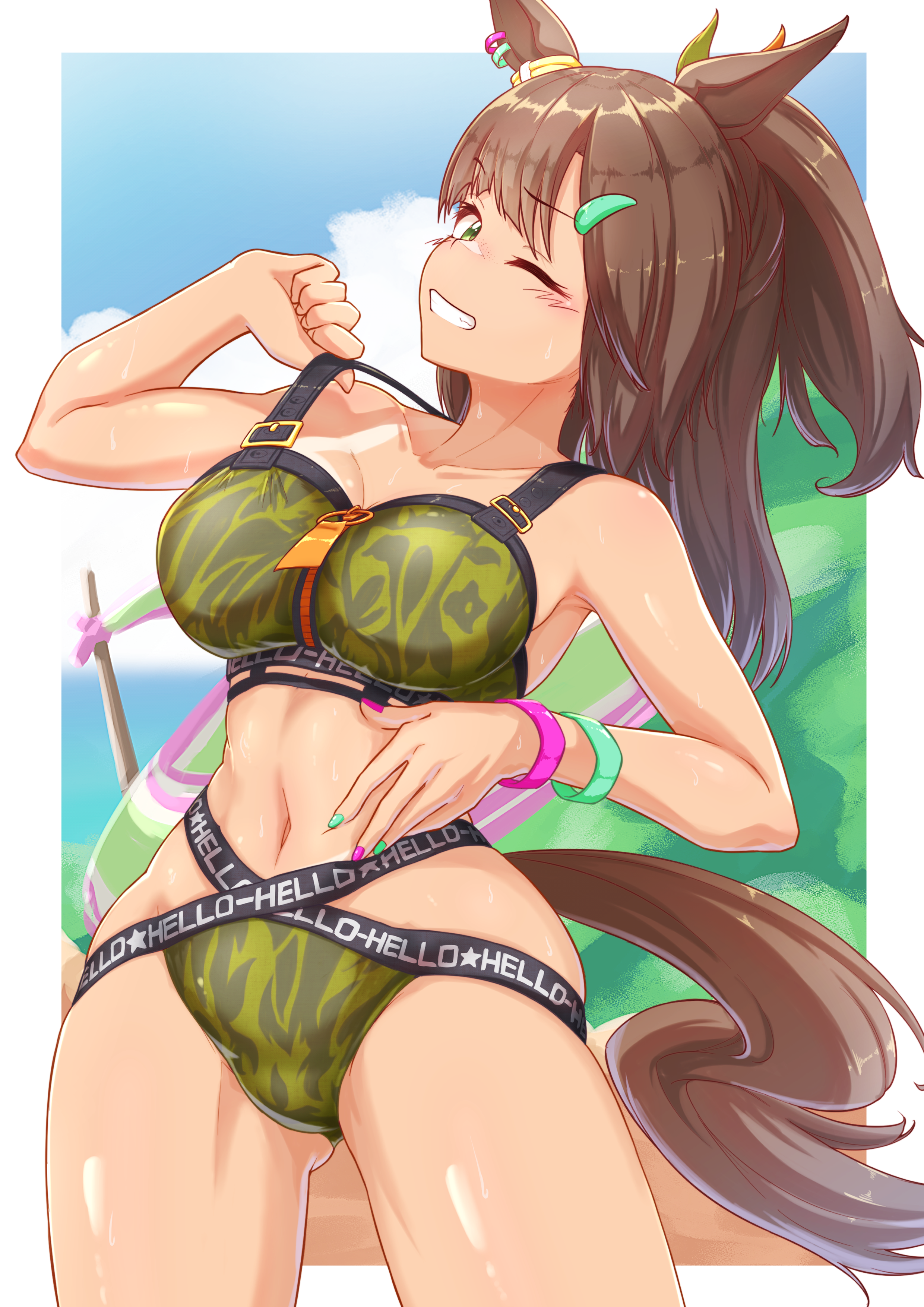 flova11, ines fujin (hello hello island) (umamusume), ines fujin (umamusume), umamusume, absurdres, highres, 1girl, animal ears, bare shoulders, bikini, bikini tug, blue sky, blush, bracelet, breasts, brown hair, cleavage, cloud, collarbone, ear ornament, gluteal fold, green bikini, green eyes, hair ornament, hairclip, horse ears, horse girl, horse tail, jewelry, large breasts, looking at viewer, midriff, multi-strapped bikini bottom, navel, official alternate costume, official alternate hairstyle, one eye closed, open mouth, outdoors, ponytail, sky, smile, solo, swimsuit, tail, teeth