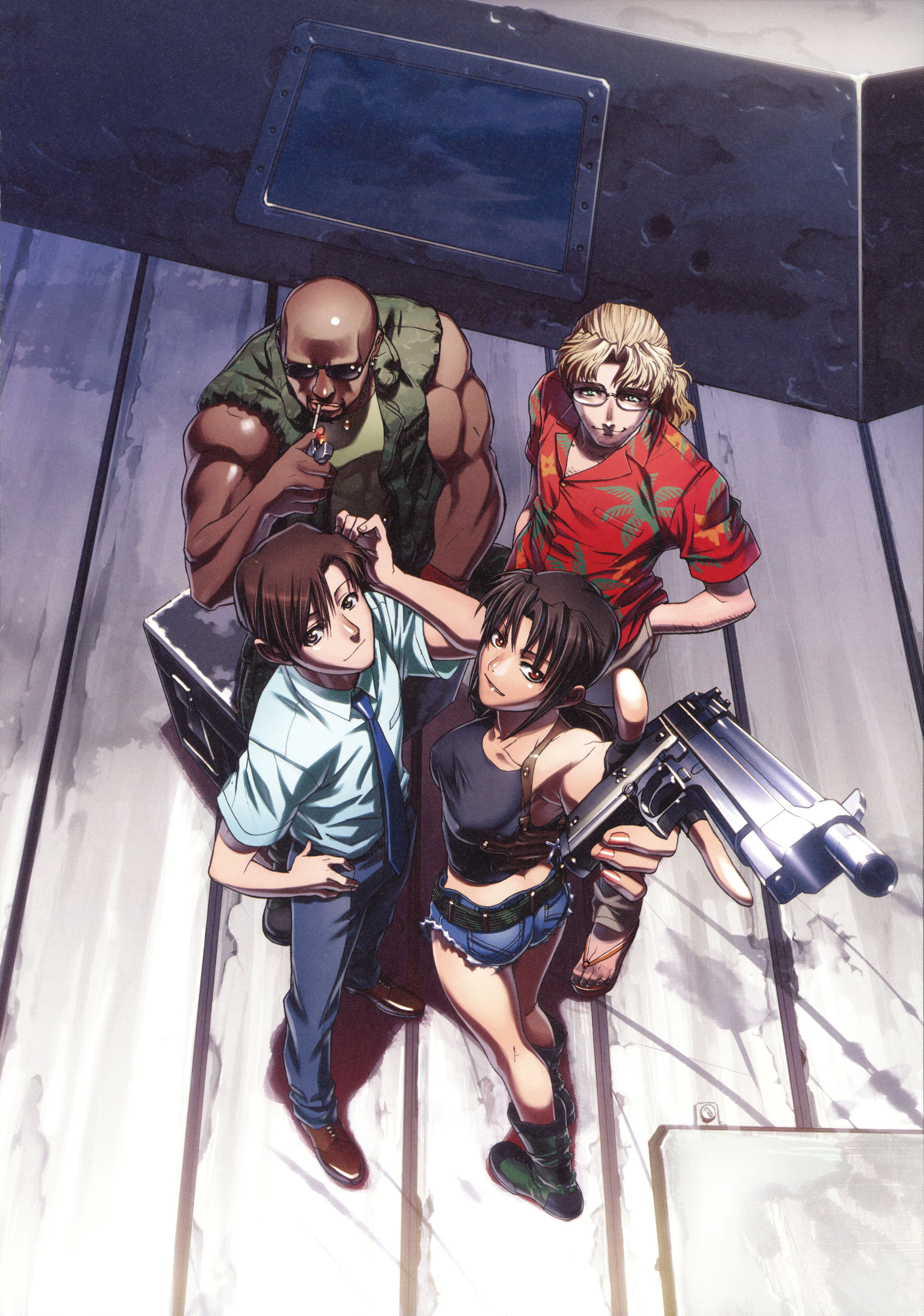 hiroe rei, benny (black lagoon), dutch (black lagoon), okajima rokuro, revy (black lagoon), black lagoon, absurdres, highres, official art, 00s, 1girl, 3boys, black hair, blonde hair, boat, boots, cigarette, dark skin, glasses, gun, hand on own hip, hands in pockets, hawaiian shirt, holster, lighter, multiple boys, necktie, sandals, shirt, shorts, shoulder holster, smoking, sunglasses, watercraft, weapon