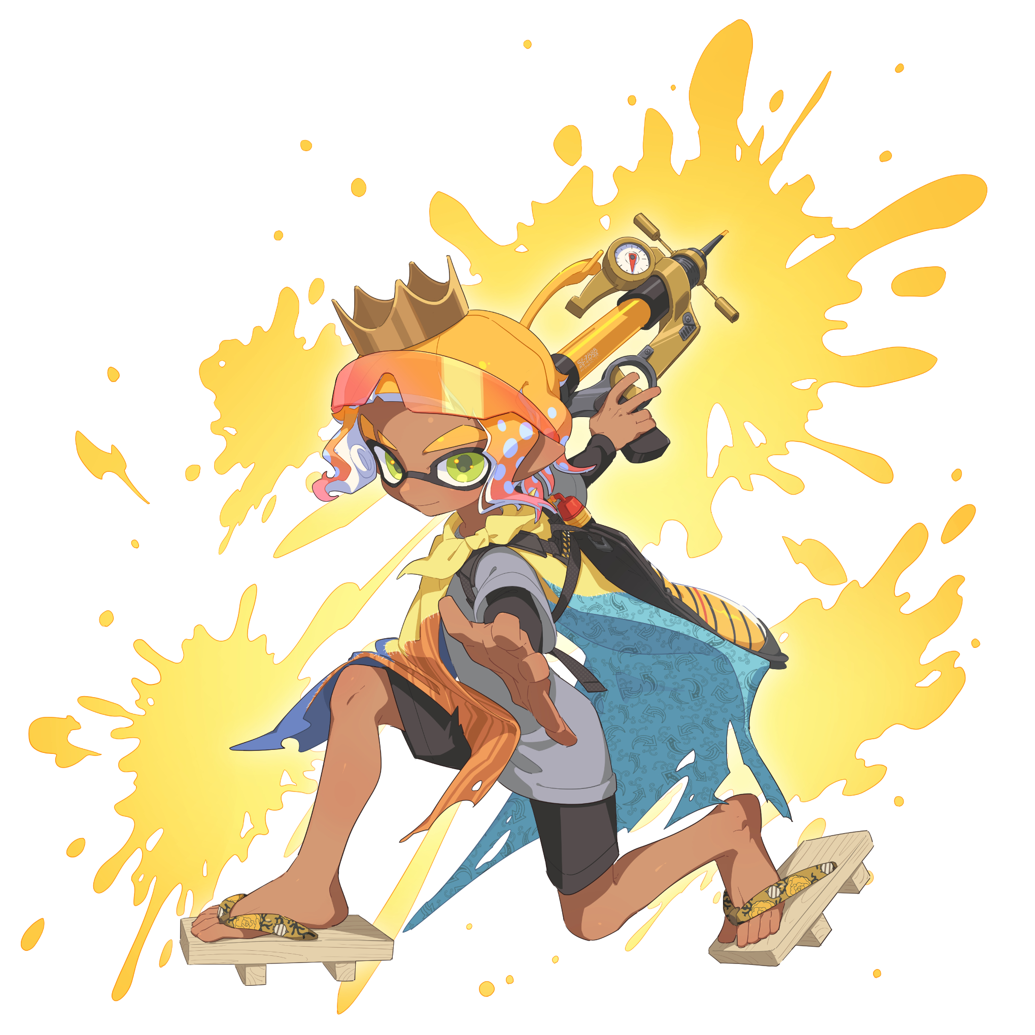 surume01417, inkling boy, inkling player character, nintendo, splatoon (series), splatoon 3, commentary request, highres, 1boy, black shorts, blonde hair, closed mouth, crown, dark-skinned male, dark skin, eyebrow cut, eyewear on head, full body, geta, gold crown, gradient hair, green eyes, grey shirt, holding, holding weapon, ink tank (splatoon), inkling, layered sleeves, long sleeves, looking at viewer, male focus, multicolored hair, patchwork clothes, pink hair, pointy ears, shirt, short hair, short over long sleeves, short sleeves, shorts, smile, solo, splash-o-matic (splatoon), sunglasses, tentacle hair, thick eyebrows, tilted headwear, weapon