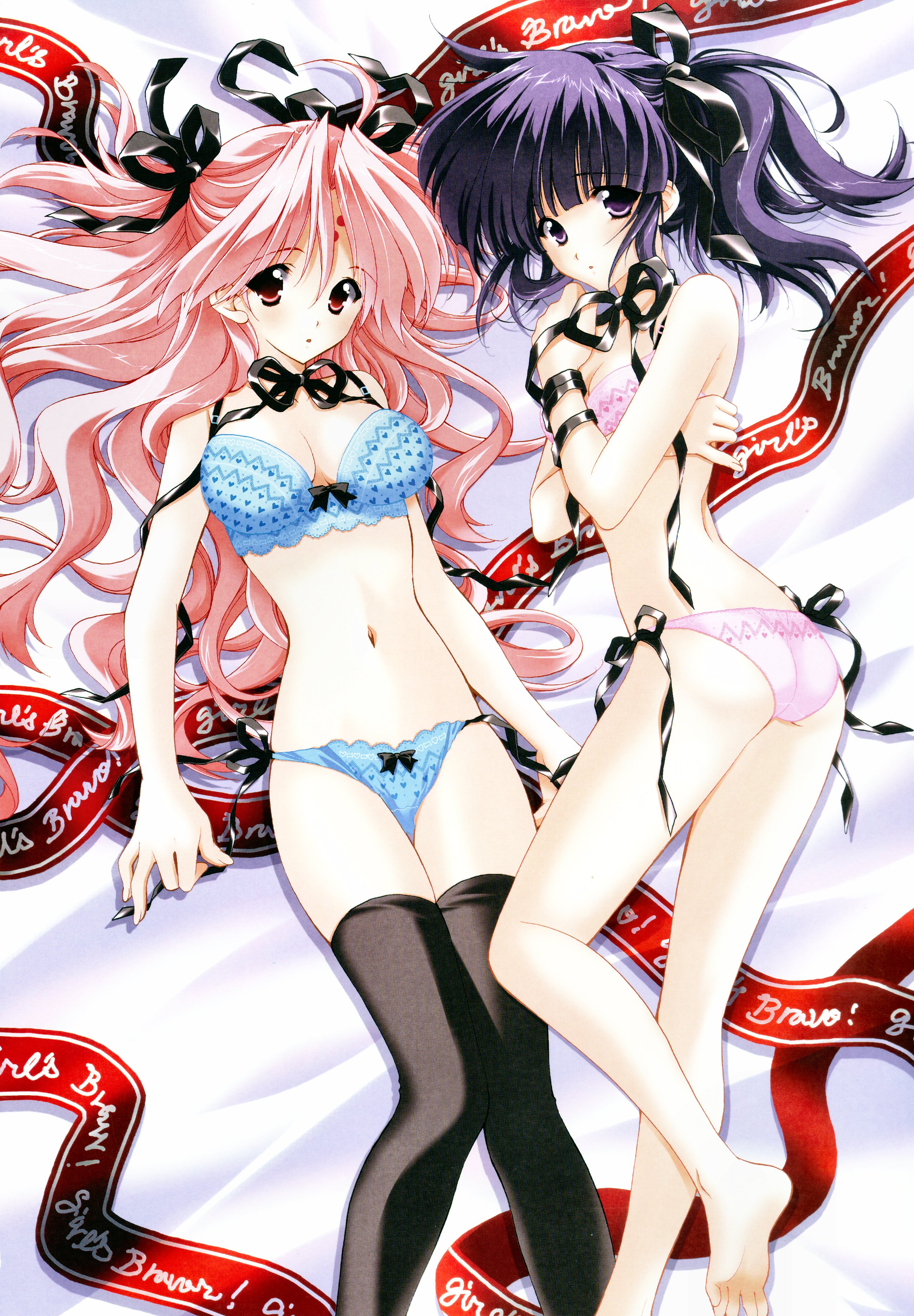 mario kaneda, koyomi hare nanaka, miharu sena kanaka, girls bravo, black legwear, absurdres, highres, scan, 00s, 2girls, ass, bed, bed sheet, blue background, blue bra, blue panties, bow, bow bra, bow panties, bra, breasts, cleavage, collarbone, dakimakura (medium), facial mark, forehead mark, hair ribbon, hip focus, large breasts, legs, lingerie, long hair, looking at viewer, lying, medium breasts, midriff, multiple girls, on back, on bed, on side, panties, pink bra, pink eyes, pink hair, pink panties, purple hair, ribbon, side-tie panties, thighhighs, toes, underwear, underwear only, untied panties