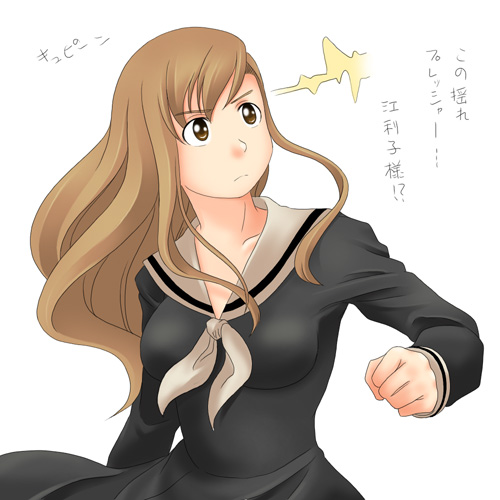 toshifumi, toudou shimako, maria-sama ga miteru, lowres, 00s, 1girl, ^^^, clenched hand, collar, dress, electricity, female focus, green dress, maria sama, neckerchief, sailor dress, school uniform, serafuku, simple background, solo, upper body, white background, white neckerchief