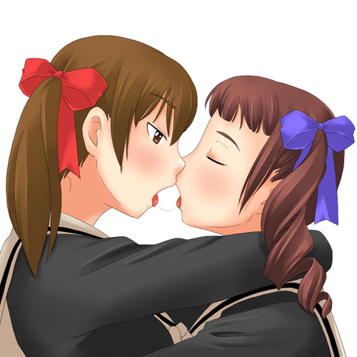 toshifumi, fukuzawa yumi, matsudaira touko, maria-sama ga miteru, lowres, 00s, 2girls, blush, closed eyes, couple, drill hair, hug, kiss, maria sama, multiple girls, saliva, saliva trail, school uniform, serafuku, yuri