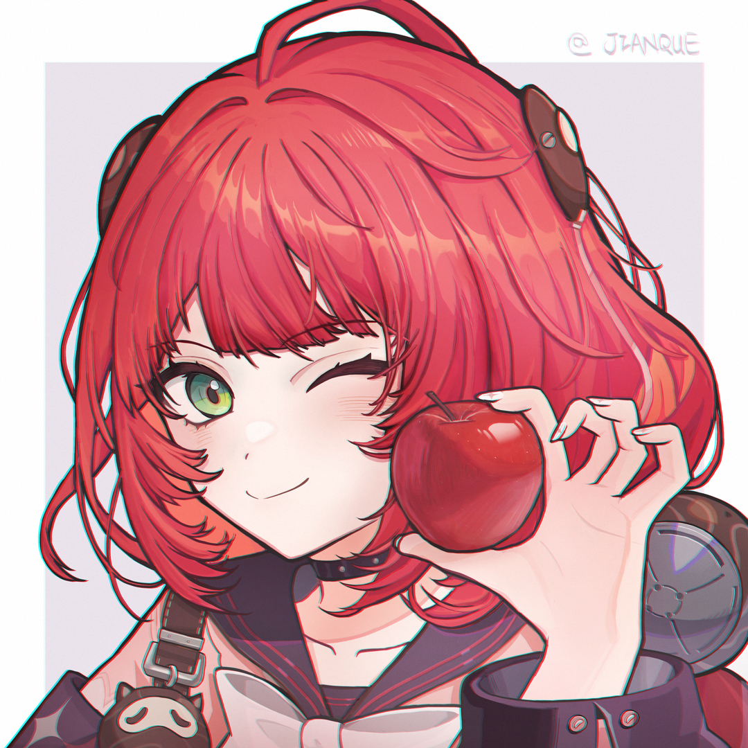 ukinami yuzuha, zenless zone zero, 1girl, apple, bow, braid, breasts, cardigan, food, fruit, green eyes, jianque, long hair, looking at viewer, one eye closed, red hair, smile, solo, sphere hair ornament, twin braids, twintails, upper body, very long hair