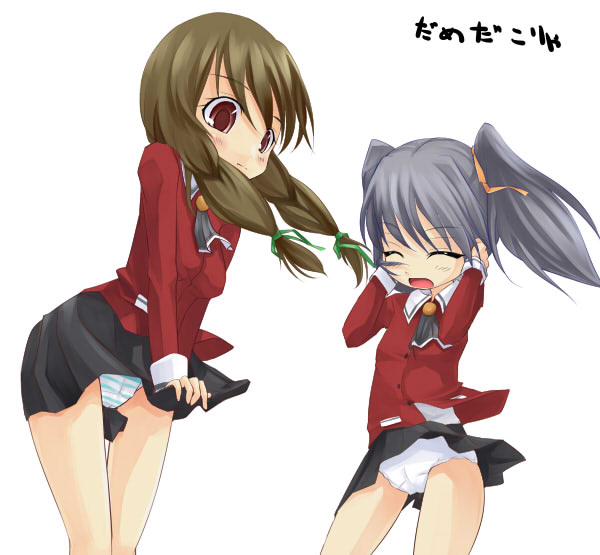 kuro (be ok), takeuchi rio, yuizaki hiyono, spiral (manga), translation request, 00s, 2girls, blush, braid, brown hair, closed eyes, clothes lift, embarrassed, grey hair, hair ribbon, multiple girls, panties, pantyshot, red eyes, ribbon, school uniform, serafuku, skirt, skirt lift, spiral, striped clothes, striped panties, twintails, underwear, upskirt, wind, wind lift