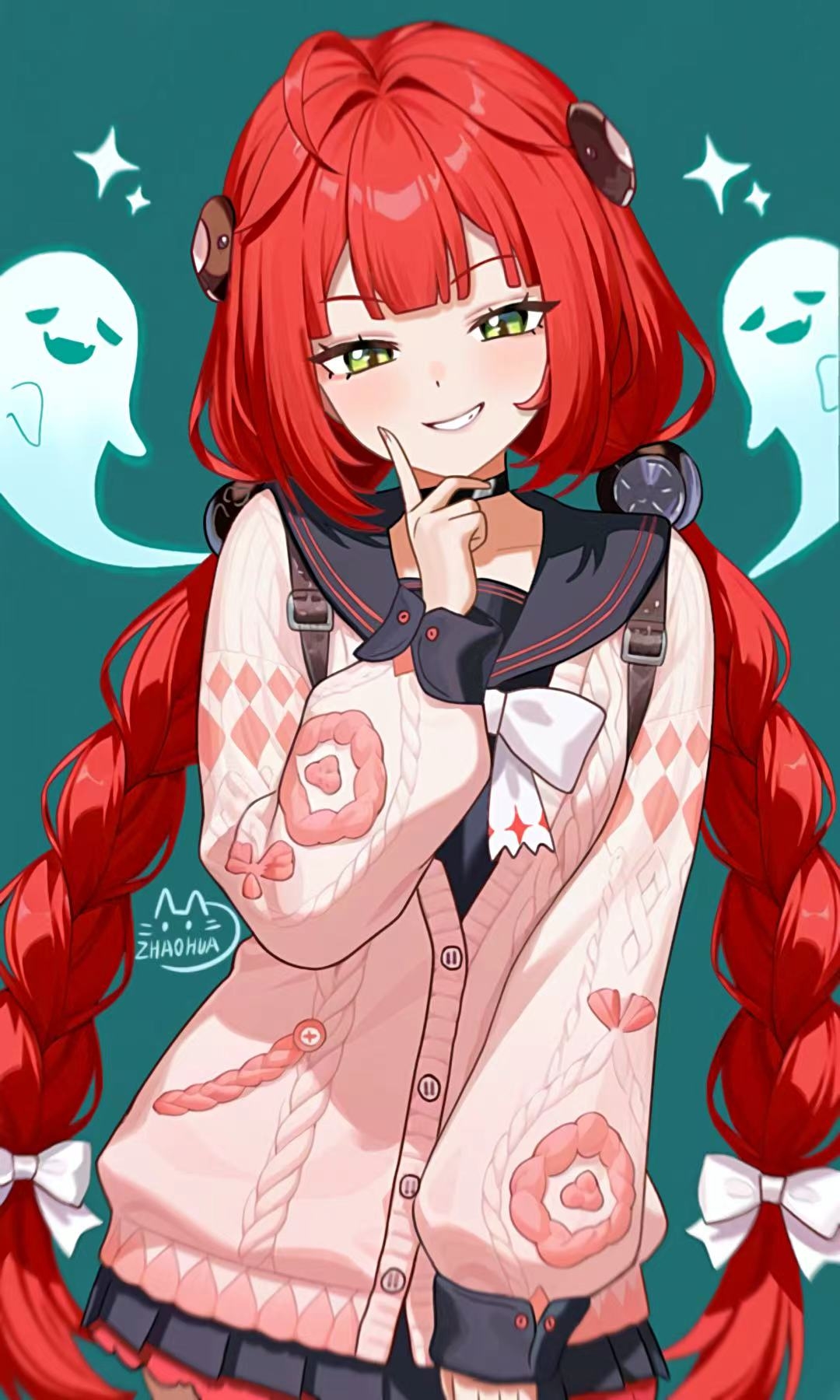 zhaohua, ukinami yuzuha, zenless zone zero, highres, 1girl, blush, bow, braid, breasts, cardigan, green eyes, long hair, looking at viewer, red hair, smile, solo, sphere hair ornament, twin braids, twintails, very long hair, white bow