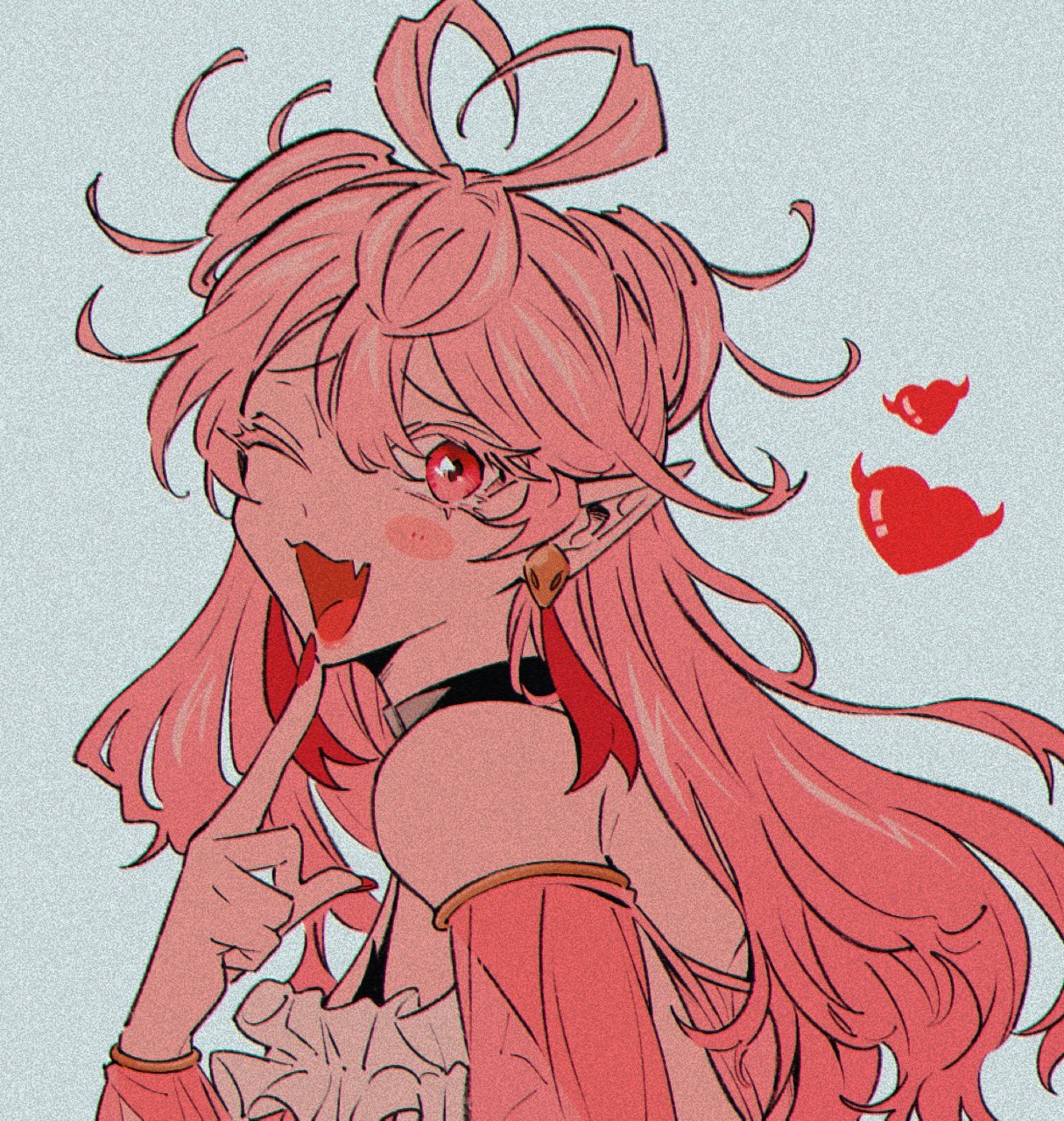 tochiko (spi), asmodeus amaryllis, mairimashita! iruma-kun, highres, 1girl, ahoge, colored eyelashes, demon girl, earrings, fang, heart, heart ahoge, index finger raised, jewelry, lipstick, looking at viewer, makeup, nail polish, one eye closed, pink eyes, pink hair, pointy ears, simple background, smile, solo, upper body, white background