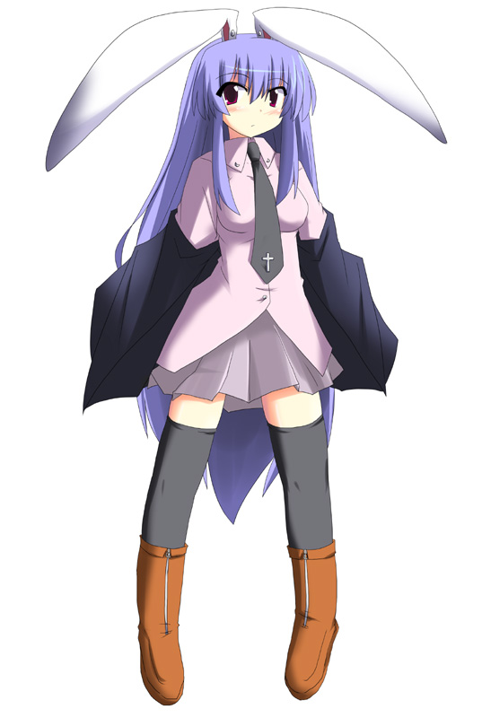 kugui kiyunemu, reisen udongein inaba, touhou, 1girl, animal ears, female focus, full body, necktie, rabbit ears, red eyes, simple background, skirt, solo, thighhighs, white background