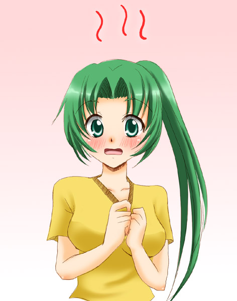 sinko (sinsin), sonozaki mion, higurashi no naku koro ni, tagme, 00s, 1girl, blush, female focus, green eyes, green hair, shirt collar tug, simple background, solo, surprised