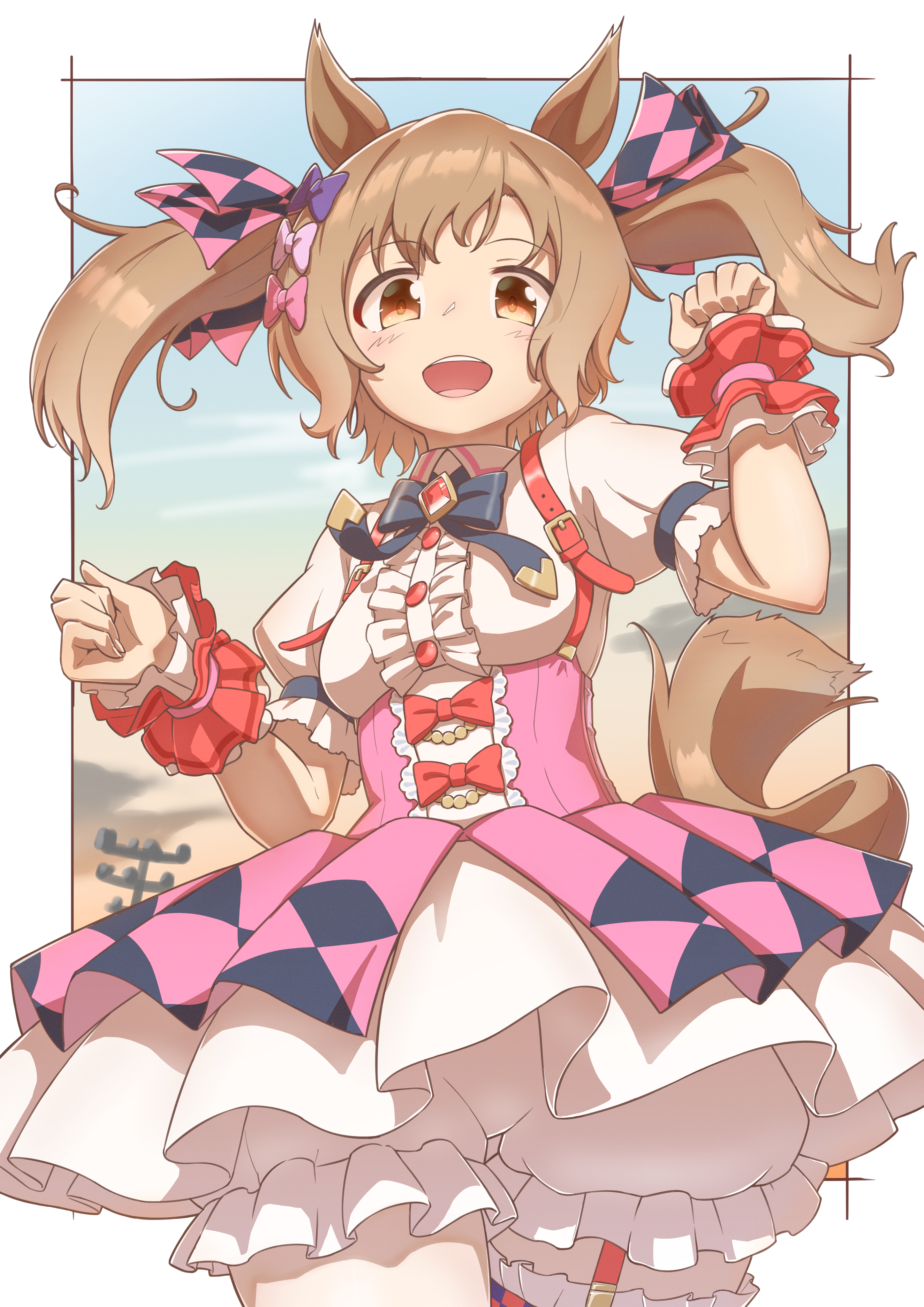 flova11, smart falcon (umamusume), umamusume, absurdres, commentary request, highres, 1girl, animal ears, blush, bow, breasts, brown eyes, brown hair, center frills, cowboy shot, dress, frilled dress, frills, hair between eyes, hair bow, heart, horse ears, horse girl, horse tail, looking at viewer, medium breasts, open mouth, outside border, pink dress, puffy short sleeves, puffy sleeves, red bow, scrunchie, short sleeves, simple background, smile, solo, tail, teeth, thigh strap, twintails, upper teeth only, white background, wrist scrunchie