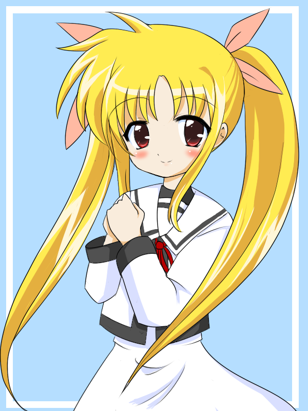 fate testarossa, lyrical nanoha, mahou shoujo lyrical nanoha, 00s, 1girl, blonde hair, blush, closed mouth, dot nose, female focus, long hair, red eyes, school uniform, smile, solo, standing, very long hair