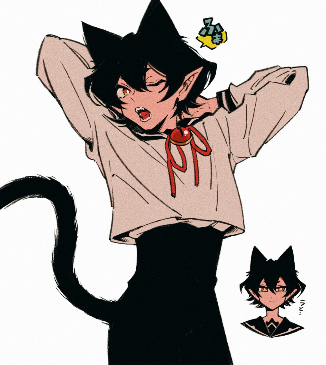 tochiko (spi), opera (iruma-kun), mairimashita! iruma-kun, highres, 1other, animal ears, black hair, black pants, black sailor collar, bright pupils, brooch, cat ears, cat tail, extra ears, hair between eyes, high-waist pants, jewelry, long sleeves, one eye closed, open mouth, other focus, pants, pointy ears, red eyes, sailor collar, school uniform, serafuku, shirt, short hair, simple background, stretching, tail, tongue, undershirt, white background, white pupils, white shirt, white undershirt