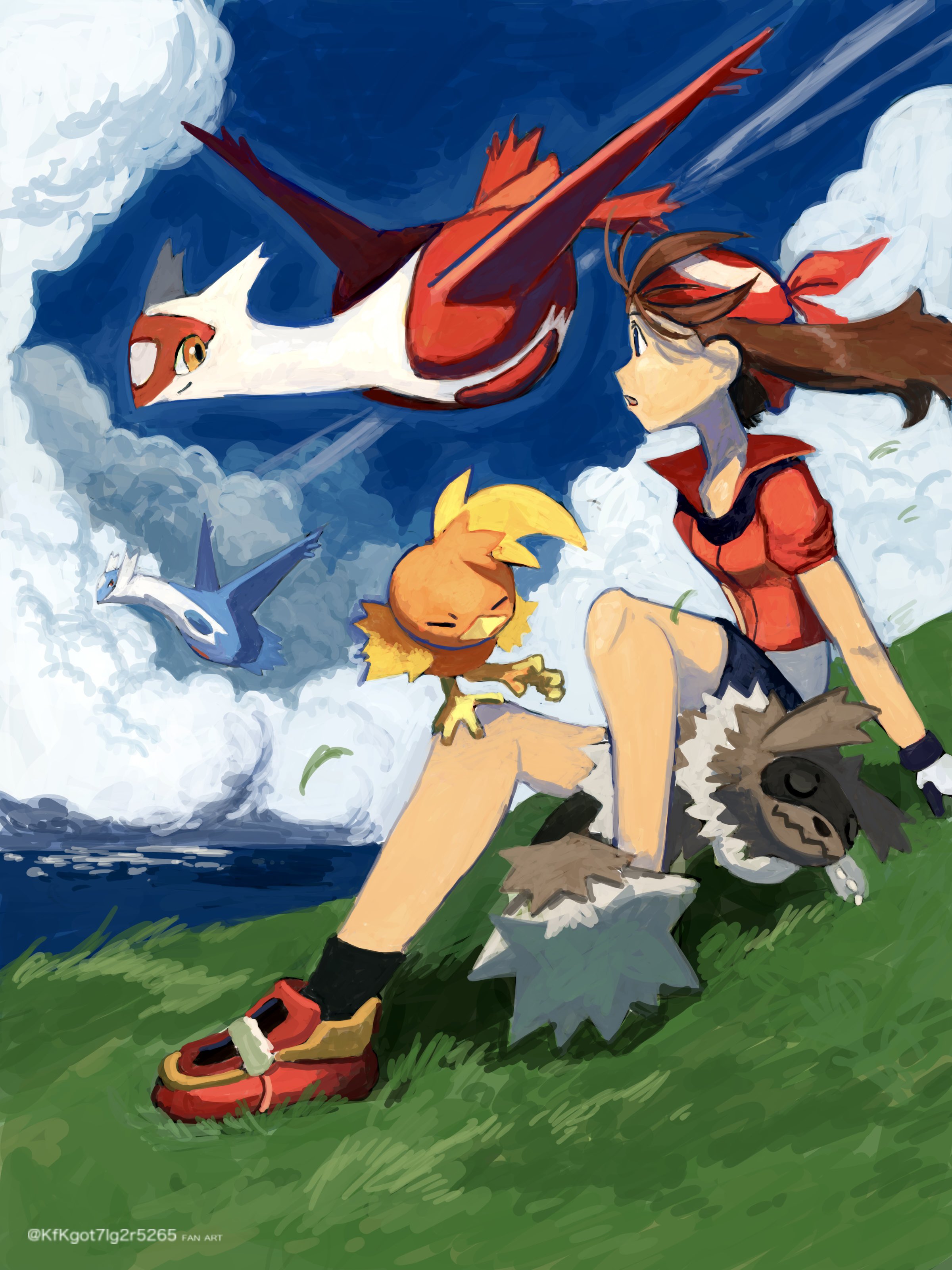 kfkgot7ig2r5265, latias, latios, may (pokemon), torchic, zigzagoon, nintendo, pokemon, pokemon rse, absurdres, highres, 1girl, bandana, bike shorts, bird, blue eyes, blue sky, breasts, brown hair, claws, closed eyes, closed mouth, cloud, day, dragon, field, flying, full body, gen 3 pokemon, gloves, grass, legendary pokemon, long hair, ocean, open mouth, outdoors, pokemon (creature), raccoon, red bandana, red eyes, red shirt, shirt, shorts, shorts under shorts, sky, sleeping, smile, water, white gloves, wings, yellow eyes