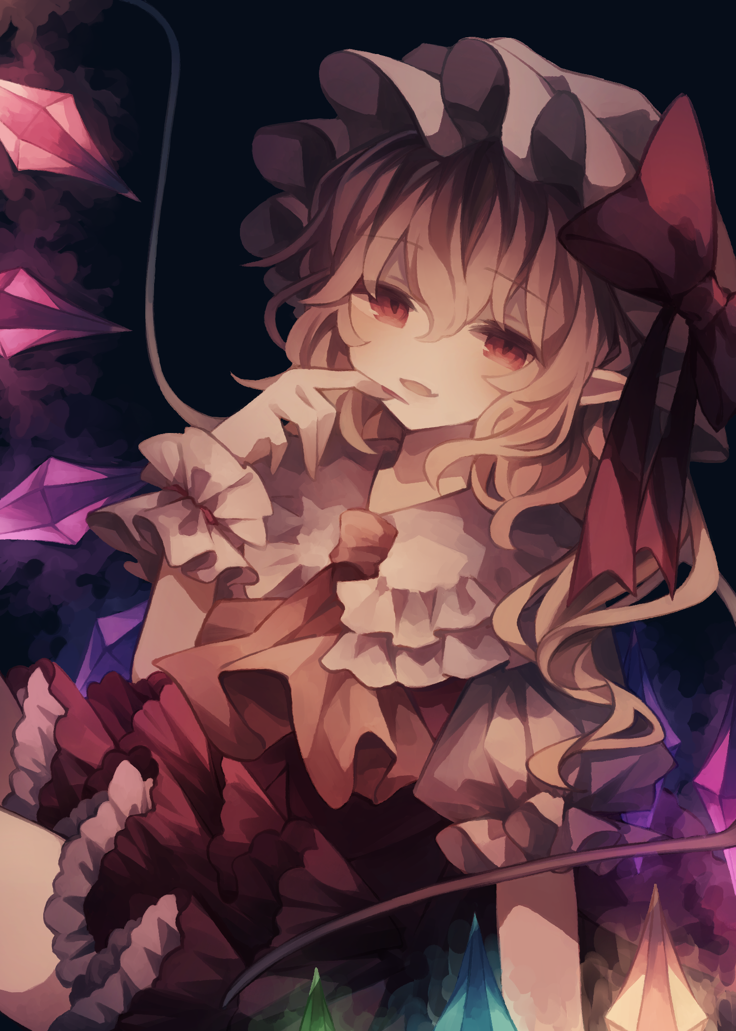 utsuro (kz hokuto), flandre scarlet, touhou, highres, 1girl, alternate costume, ascot, black background, blonde hair, crystal, crystal wings, frilled shirt collar, frills, hair between eyes, hat, hat ribbon, looking at viewer, mob cap, open mouth, puffy short sleeves, puffy sleeves, red eyes, red ribbon, ribbon, shirt, short sleeves, simple background, solo, upper body, wings, yellow ascot