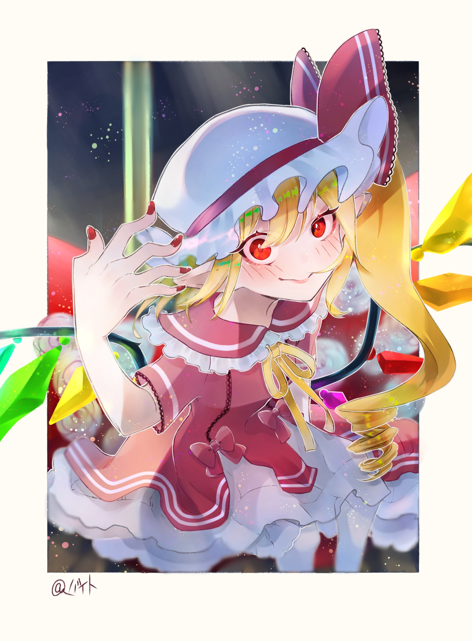 flandre scarlet, touhou, highres, 1girl, alternate costume, ascot, baito, blonde hair, blush, bow, crystal, dress, frills, hair between eyes, hand up, hat, hat ribbon, long hair, mob cap, pointy ears, puffy short sleeves, puffy sleeves, red eyes, red nails, ribbon, shirt, short sleeves, side ponytail, skirt, smile, solo, wings, yellow ascot