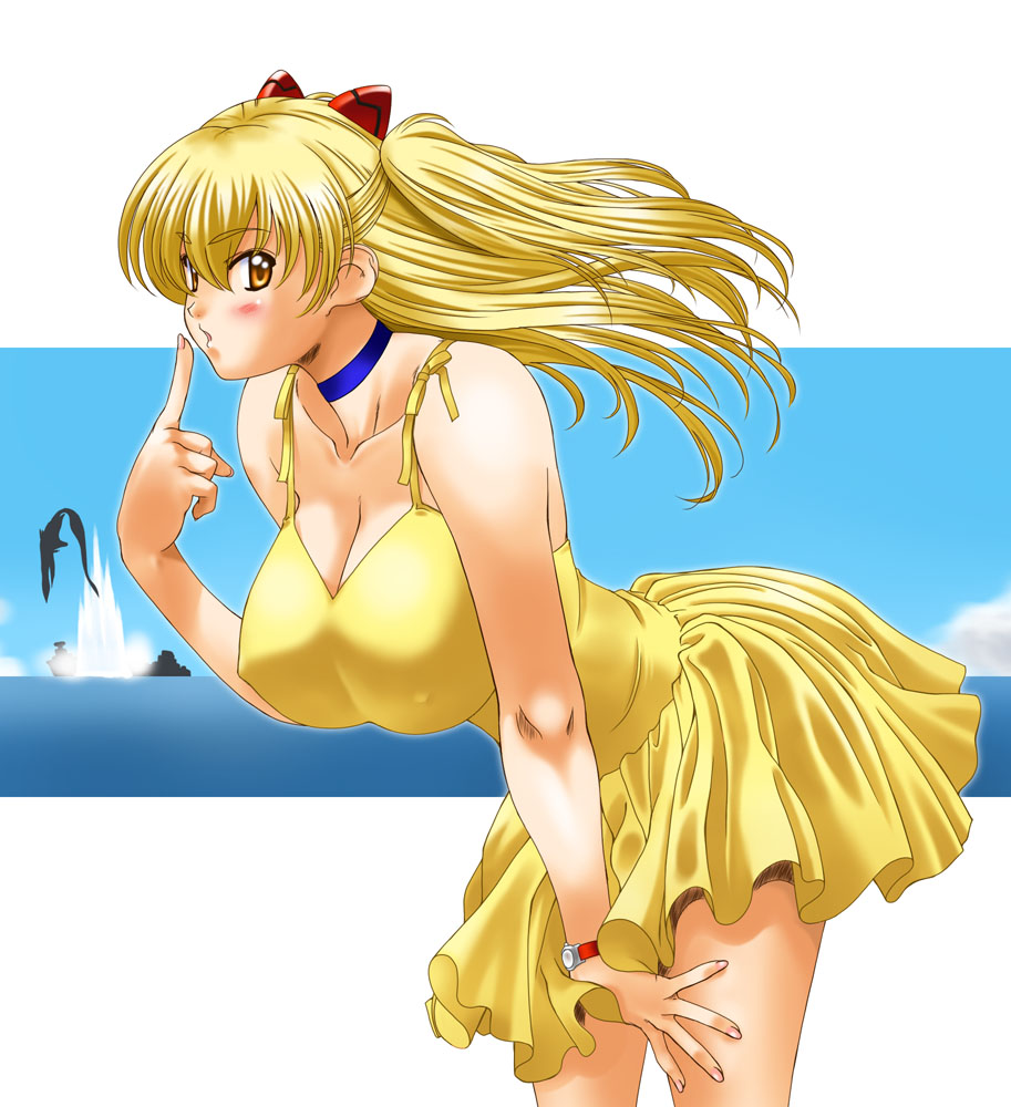 kamia (not found), gaghiel (evangelion), matsuoka kiyone, souryuu asuka langley, neon genesis evangelion, original, 1girl, arched back, blonde hair, blush, breasts, choker, cleavage, cosplay, covered erect nipples, cowboy shot, day, dress, female focus, fingernails, from side, hair between eyes, hand on own thigh, huge breasts, long fingernails, long hair, outdoors, outside border, solo, souryuu asuka langley (cosplay), splashing, standing, two side up, yellow dress