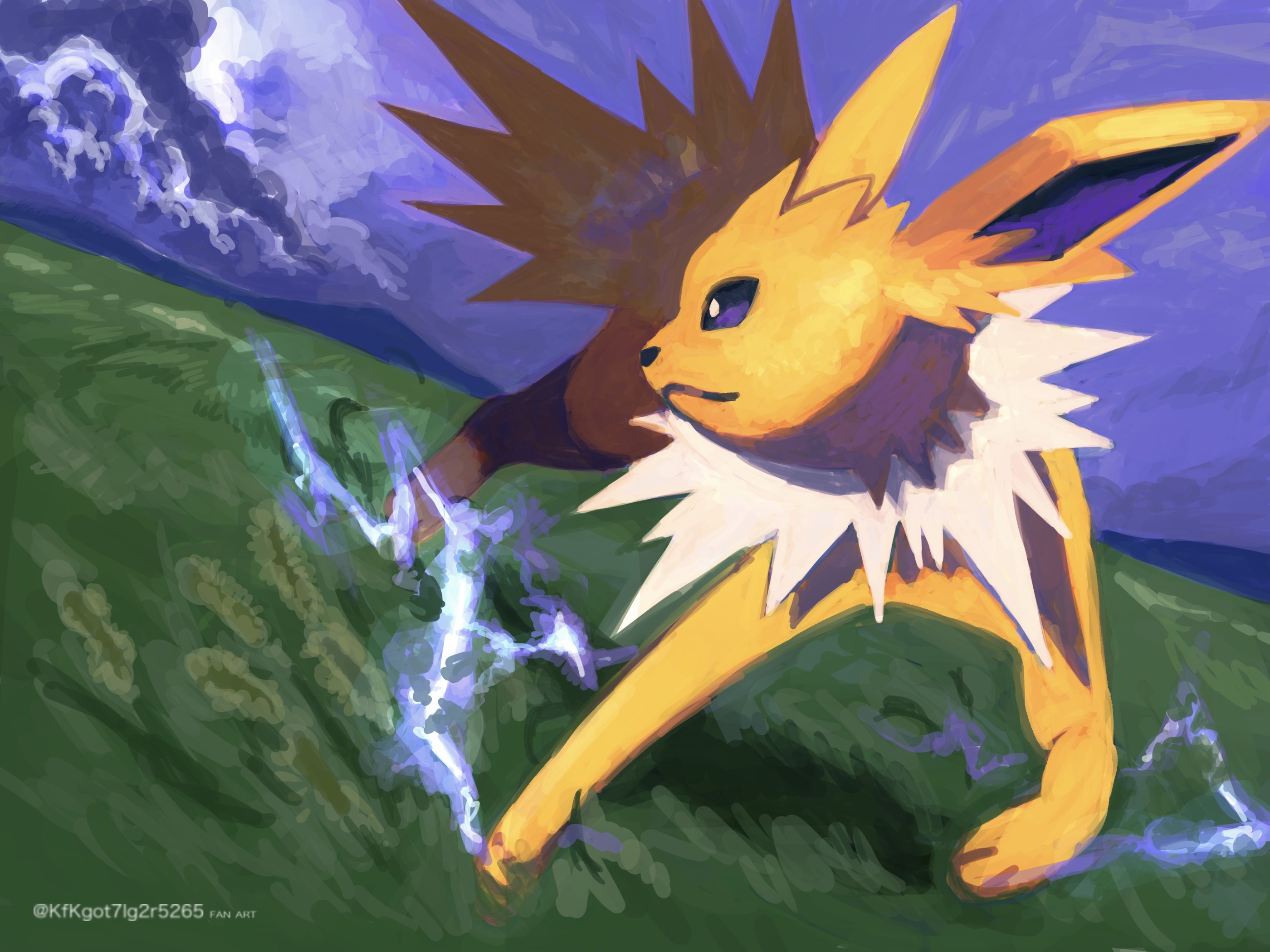 kfkgot7ig2r5265, jolteon, nintendo, pokemon, highres, animal focus, brown eyes, closed mouth, cloud, cloudy sky, electricity, field, full body, gen 1 pokemon, grass, no humans, outdoors, pokemon (creature), pokemon focus, sky, tail, yellow fur