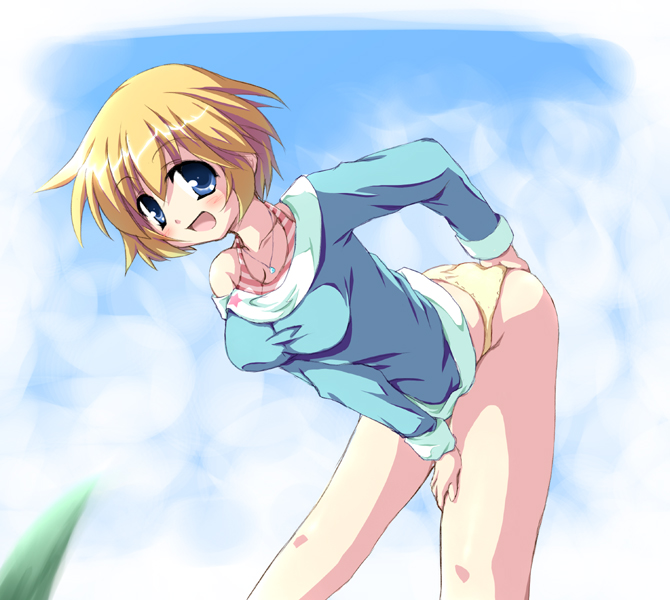 tekehiro, patricia martin, lucky star, striped, 00s, 1girl, blonde hair, blue eyes, blush, cloud, day, female focus, hip focus, leaning forward, legs, no pants, panties, pantyshot, short hair, sky, solo, sweater, tank top, thighs, underwear