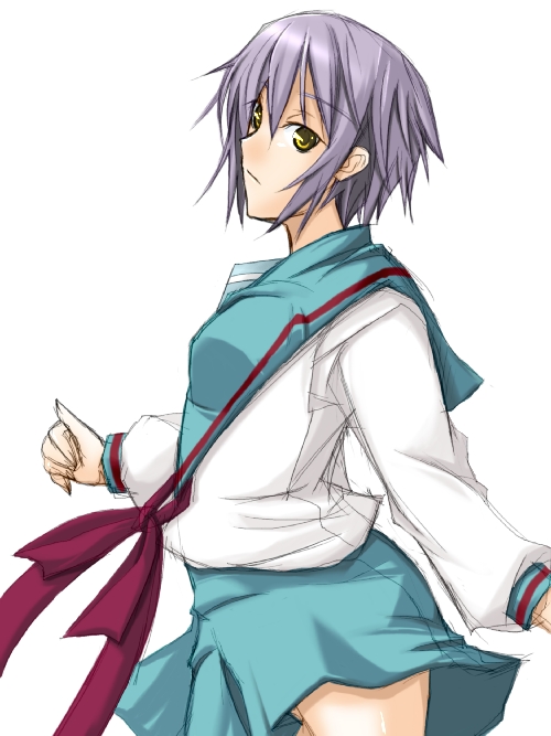 ribi, nagato yuki, suzumiya haruhi no yuuutsu, 00s, school uniform, serafuku, sketch, solo