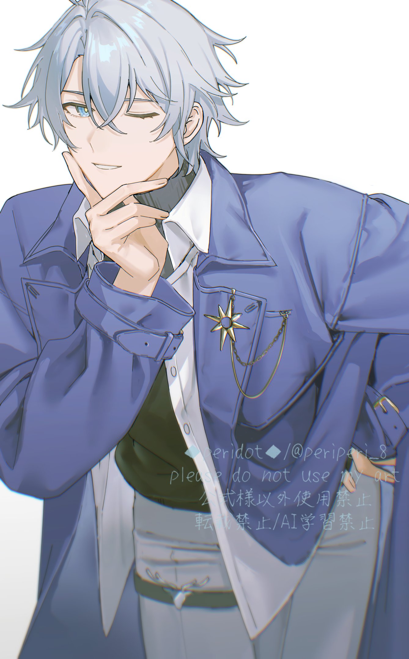 peridot (periperi 8), phainon (honkai: star rail), honkai: star rail, honkai (series), highres, 1boy, antenna hair, black sweater, blue coat, blue eyes, coat, crossed bangs, english text, grey hair, grey pants, grin, hair between eyes, hand up, jewelry, male focus, necklace, official alternate costume, one eye closed, open clothes, open coat, open shirt, pants, parted bangs, phainon (luckin coffee) (honkai: star rail), shirt, short hair, simple background, smile, solo, sweater, teeth, turtleneck, turtleneck sweater, watermark, white background, white shirt, yellow pupils