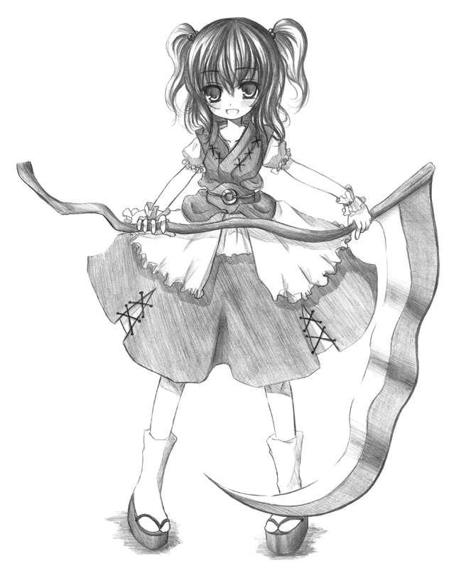 kurona, onozuka komachi, touhou, 1girl, female focus, full body, greyscale, monochrome, scythe, sketch, solo, white background