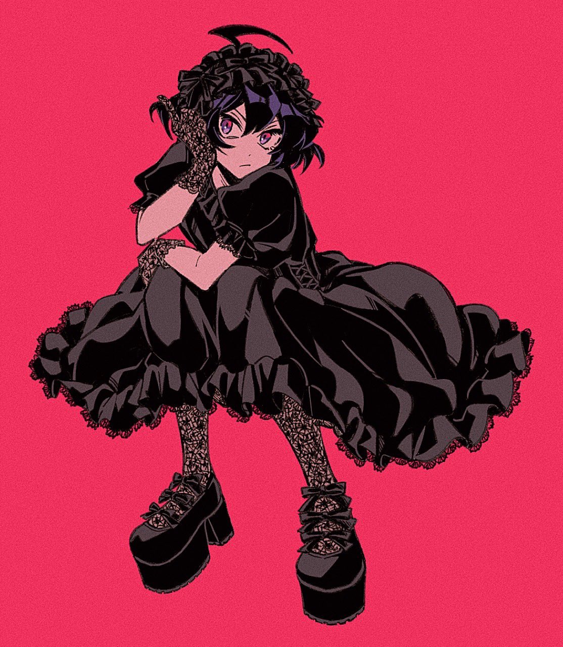 tochiko (spi), suzuki iruma, mairimashita! iruma-kun, highres, 1boy, ahoge, black dress, black gloves, black hairband, black pantyhose, blue eyes, blue hair, crossdressing, crossdressing (mtf), dress, frilled dress, frilled hairband, frills, full body, gloves, hairband, lace, lace gloves, lace pantyhose, lace trim, male focus, pantyhose, puffy short sleeves, puffy sleeves, red background, short hair, short sleeves, simple background, sitting, solo, trap