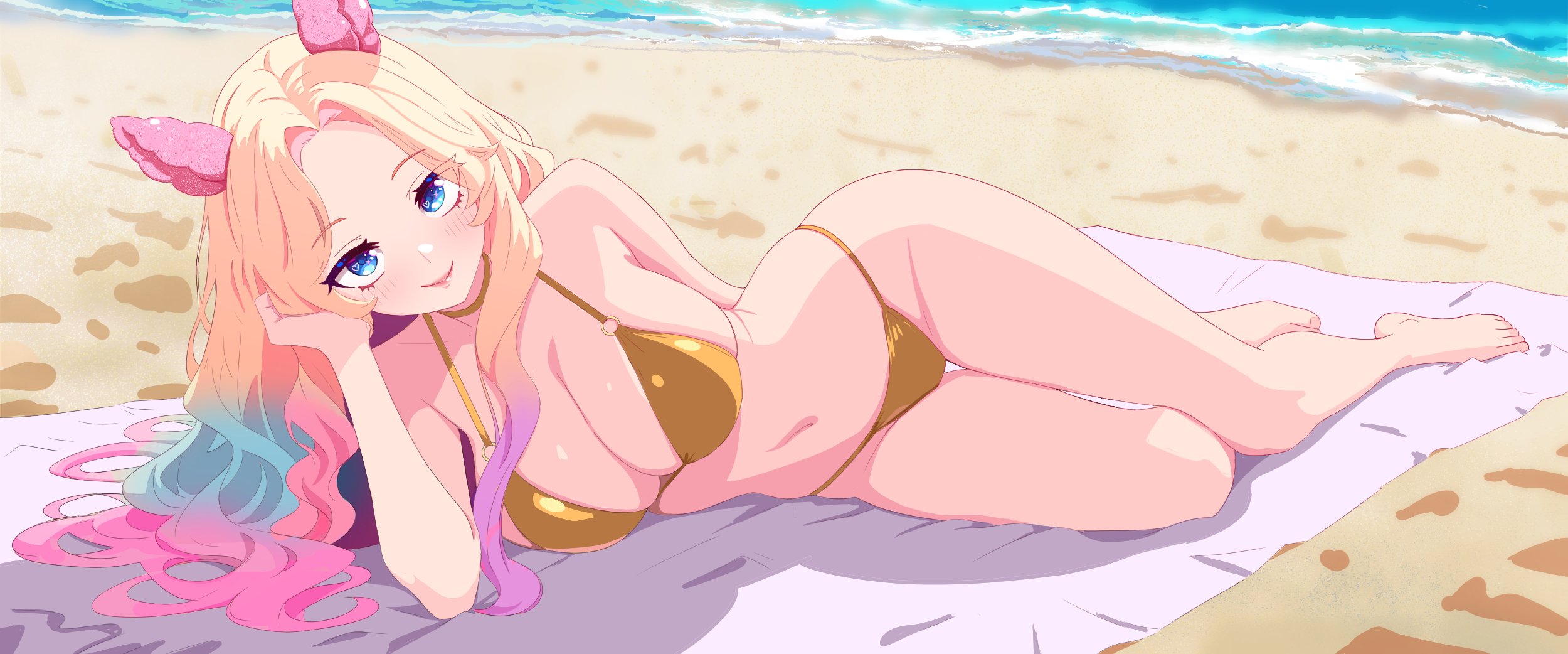 orenji gallery, rakeru (vtuber), indie virtual youtuber, 1girl, alpaca ears, alpaca girl, animal ears, arm behind back, beach, bikini, blonde hair, blue eyes, blue hair, blush, breasts, closed mouth, day, dot nose, eyelashes, female focus, full body, gradient hair, hand on own face, head rest, large breasts, long hair, lying, multicolored hair, navel, ocean, on side, outdoors, pink hair, sand, smile, solo, swimsuit, virtual youtuber, water, yellow bikini