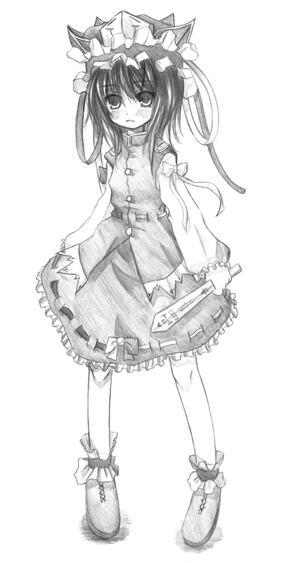 kurona, shiki eiki, touhou, 1girl, blush, bow, female focus, greyscale, hat, monochrome, ribbon, rod of remorse, shoes, simple background, sketch, skirt, solo